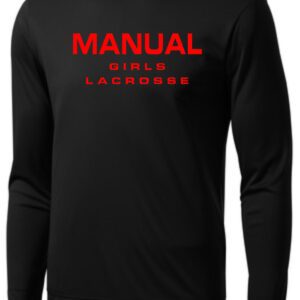 Black long-sleeve shirt with "Manual Girls Lacrosse" in red.