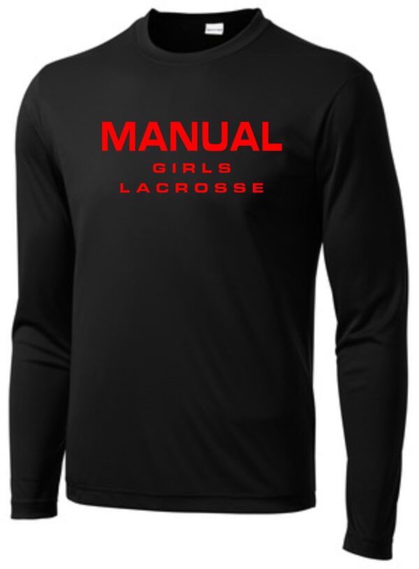 Black long-sleeve shirt with "Manual Girls Lacrosse" in red.