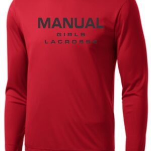 Red long-sleeve shirt with "Manual Girls Lacrosse" text.