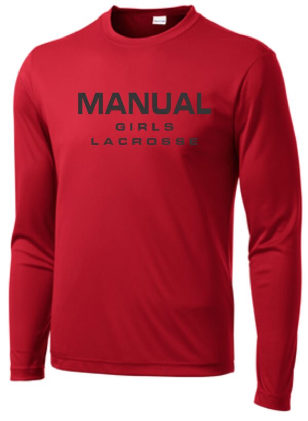 Red long-sleeve shirt with "Manual Girls Lacrosse" text.