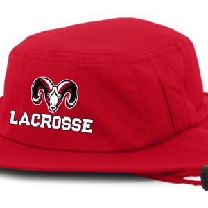 Red lacrosse hat with ram logo.