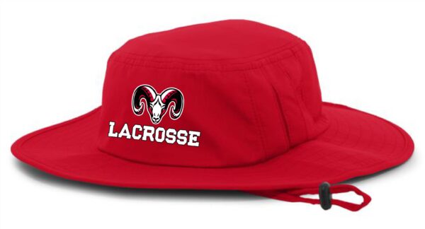 Red lacrosse hat with ram logo.