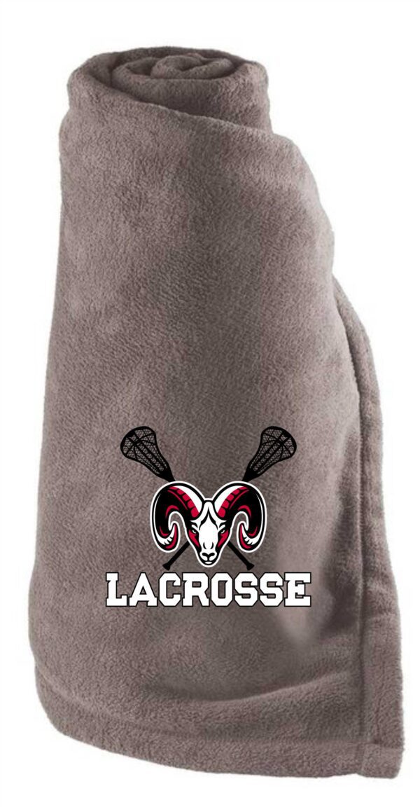 Gray lacrosse fleece blanket with ram logo.