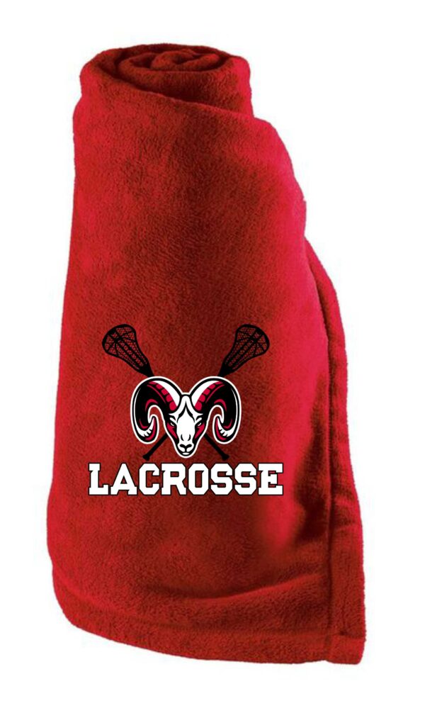 Red lacrosse blanket with ram logo.