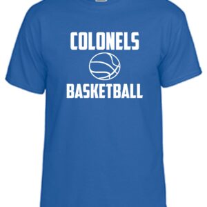 Blue t-shirt with white Colonels basketball logo.