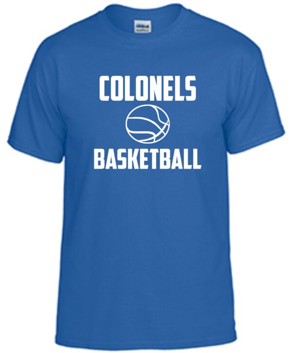 Blue t-shirt with white Colonels basketball logo.