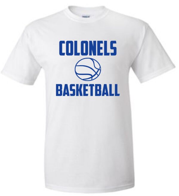 White t-shirt with Colonels basketball logo.