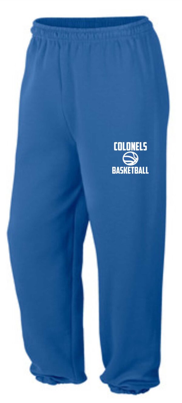 Blue sweatpants with Colonels basketball logo.