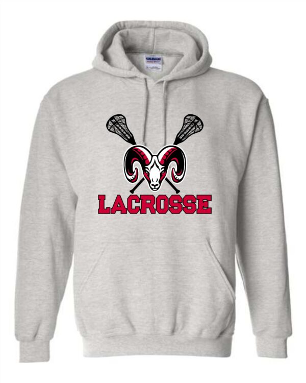 Gray lacrosse hoodie with ram logo.