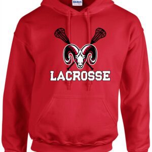 Red lacrosse hoodie with ram logo.