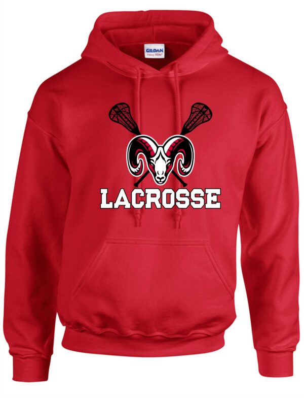 Red lacrosse hoodie with ram logo.