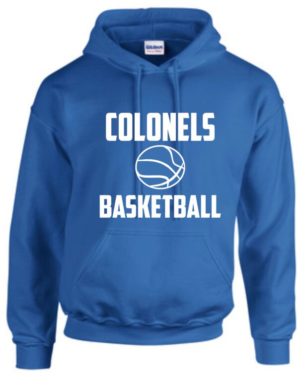 Blue hooded sweatshirt with "Colonels Basketball"