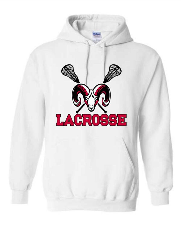 White lacrosse hoodie with ram logo.