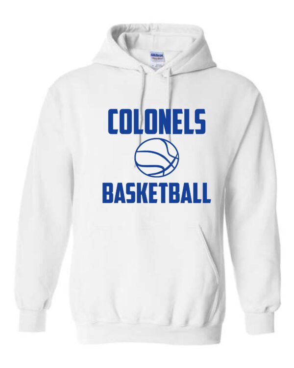 White hoodie with blue Colonels basketball logo.