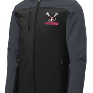 Black and grey lacrosse jacket with ram logo.