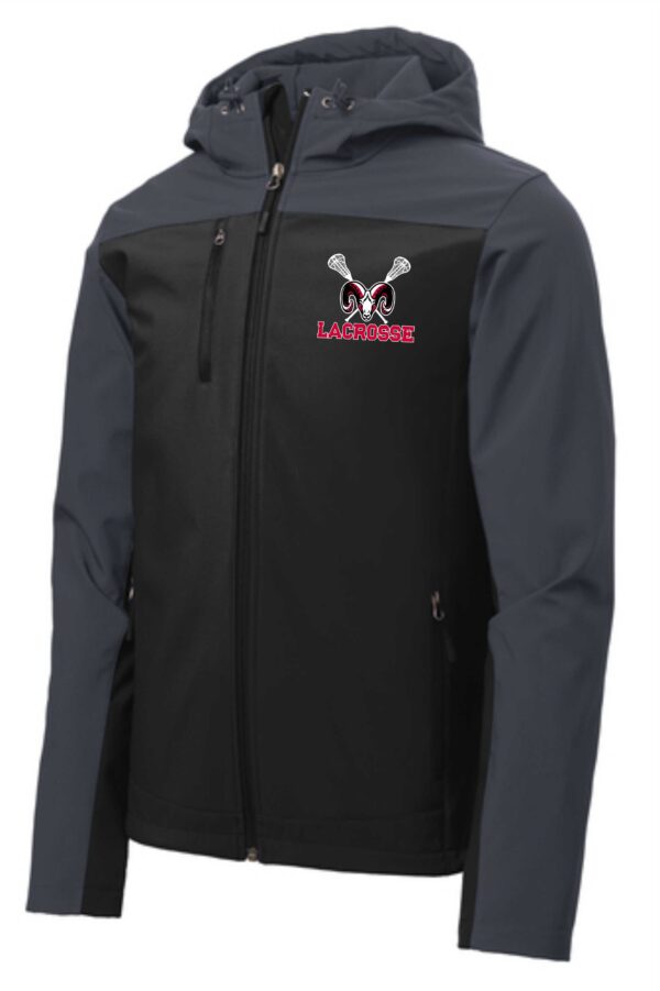 Black and grey lacrosse jacket with ram logo.