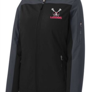 Black and grey lacrosse jacket with logo.