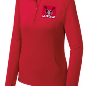 Red lacrosse quarter-zip pullover with ram logo.