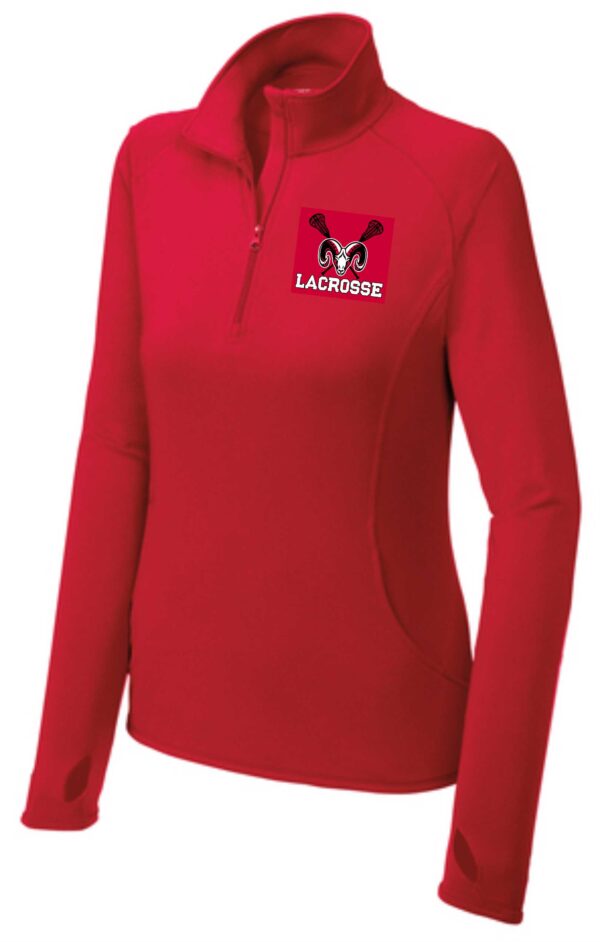 Red lacrosse quarter-zip pullover with ram logo.