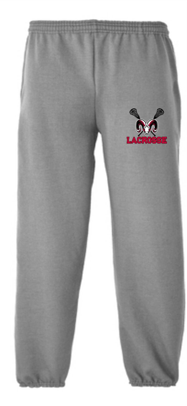 Gray sweatpants with lacrosse logo.