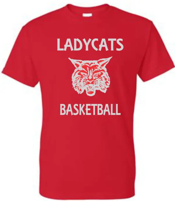 Red t-shirt with Ladycats basketball logo.