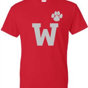 Red t-shirt with grey paw print and W.