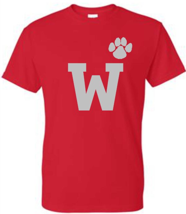 Red t-shirt with grey paw print and W.