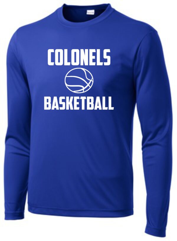 Blue long-sleeved shirt with Colonels basketball logo.