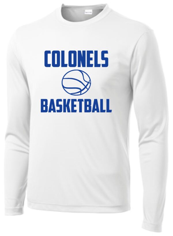 White long-sleeve shirt with "Colonels Basketball" logo.