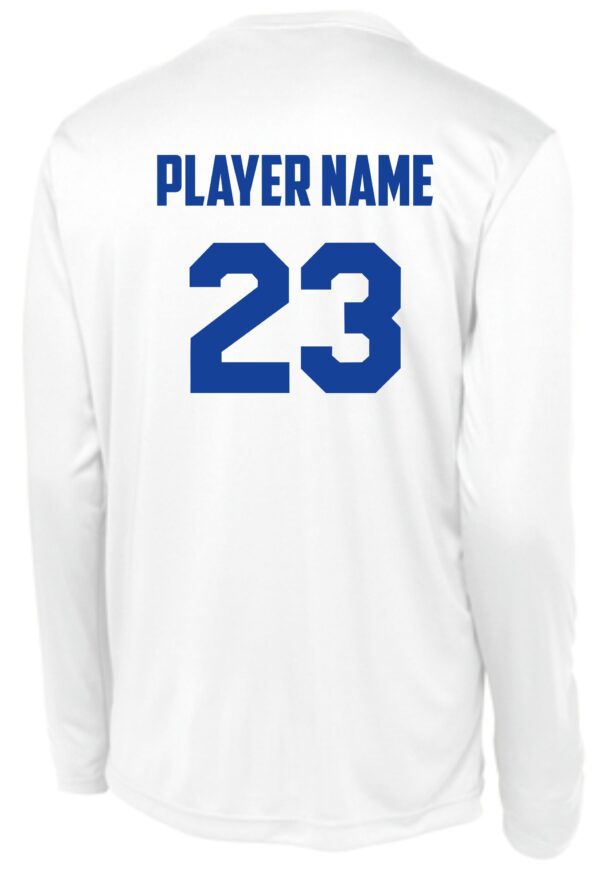 White long-sleeve shirt with blue number 23.