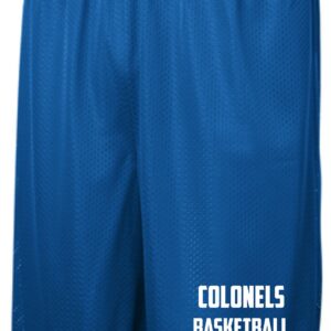 Blue basketball shorts with "Colonels Basketball"