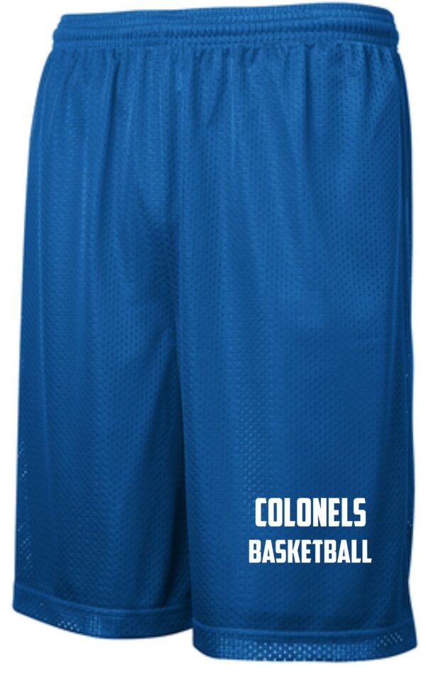 Blue basketball shorts with "Colonels Basketball"