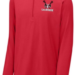 Red lacrosse quarter-zip sweatshirt with ram logo.