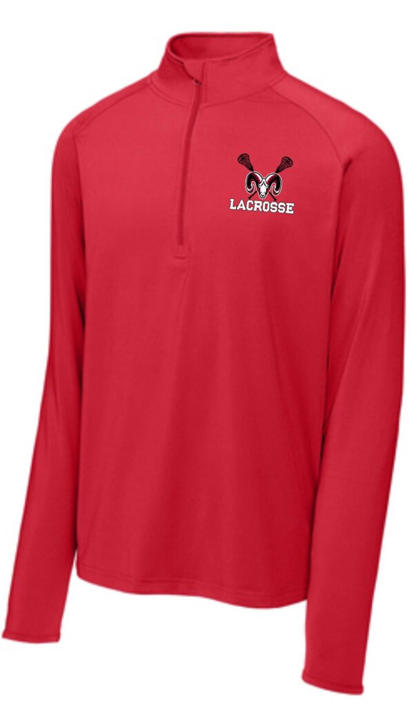 Red lacrosse quarter-zip sweatshirt with ram logo.