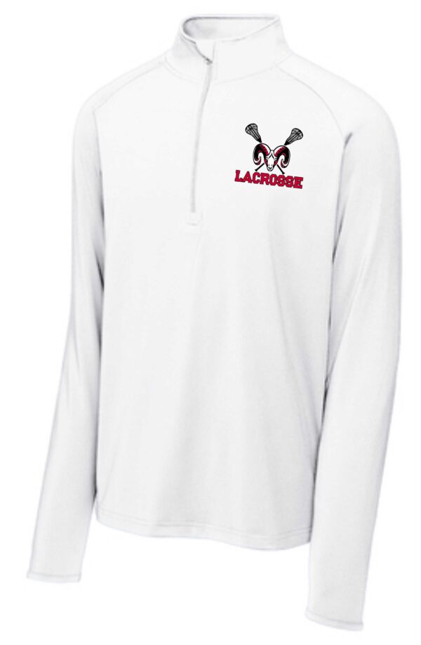 White lacrosse jersey with ram logo.