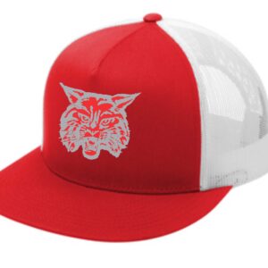 Red and white trucker hat with a wildcat.