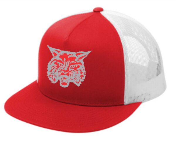 Red and white trucker hat with a wildcat.