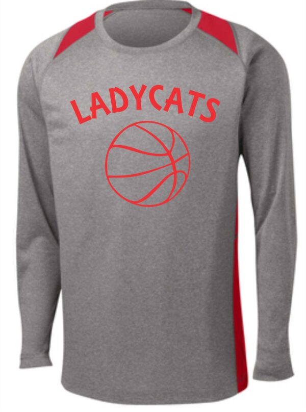 Gray long-sleeve shirt with Ladycats and basketball.