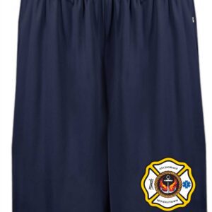 Navy blue athletic shorts with a firefighter logo.