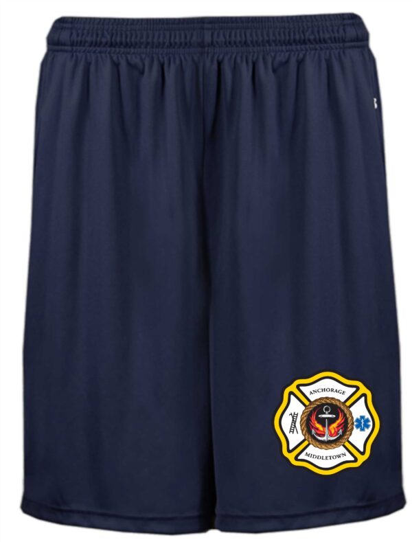 Navy blue athletic shorts with a firefighter logo.