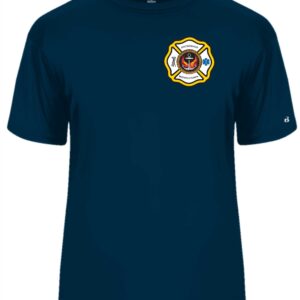 Dark blue t-shirt with a fire department logo.