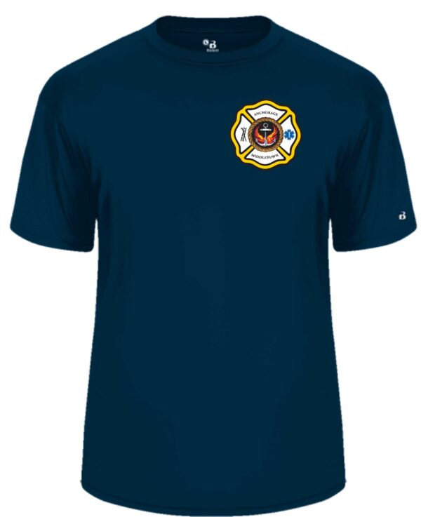 Dark blue t-shirt with a fire department logo.