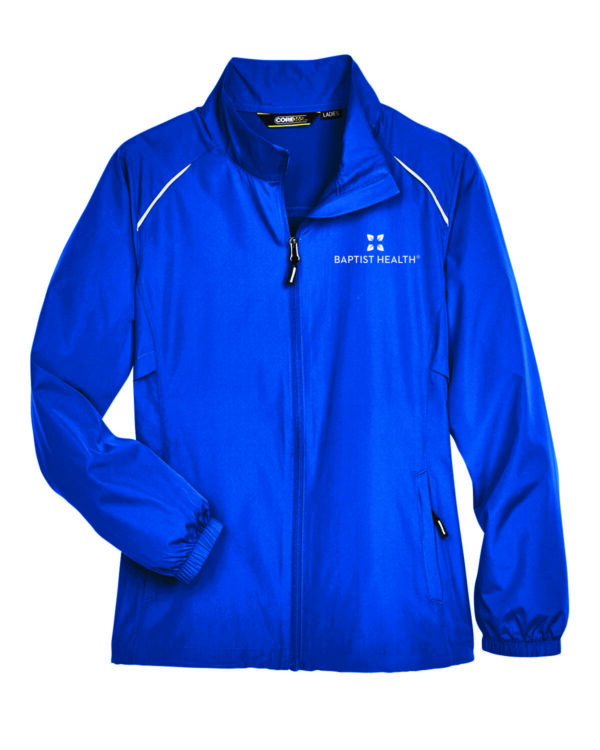 Blue women's windbreaker with Baptist Health logo.