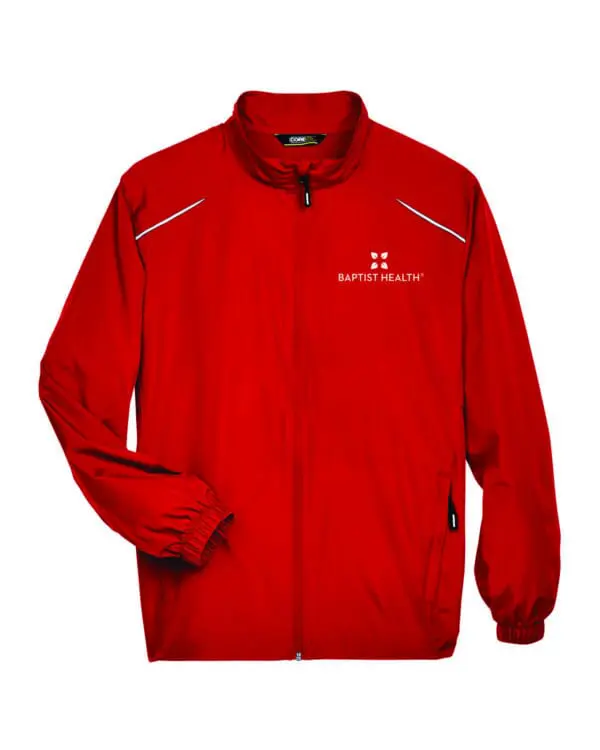 Red windbreaker jacket with Baptist Health logo.