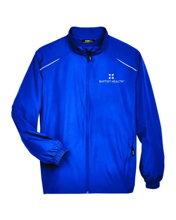 Blue jacket with Baptist Health logo.