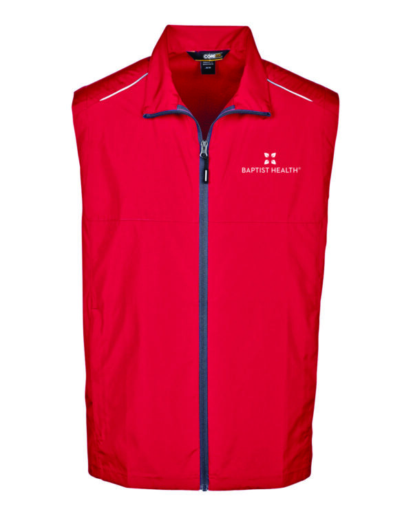 Red zippered vest with Baptist Health logo.