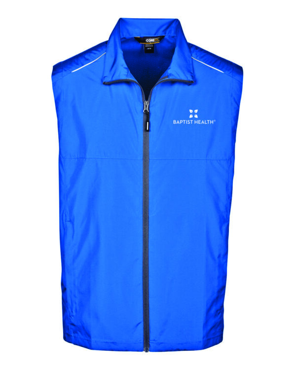 Blue windbreaker vest with Baptist Health logo.