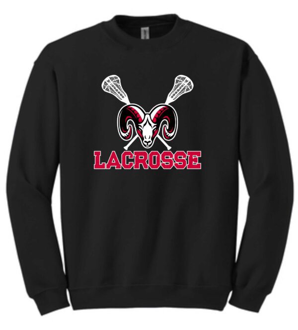 Black lacrosse sweatshirt with ram logo.