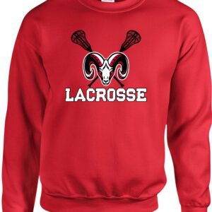 Red lacrosse sweatshirt with ram logo.