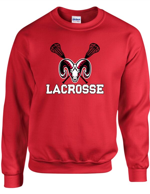 Red lacrosse sweatshirt with ram logo.